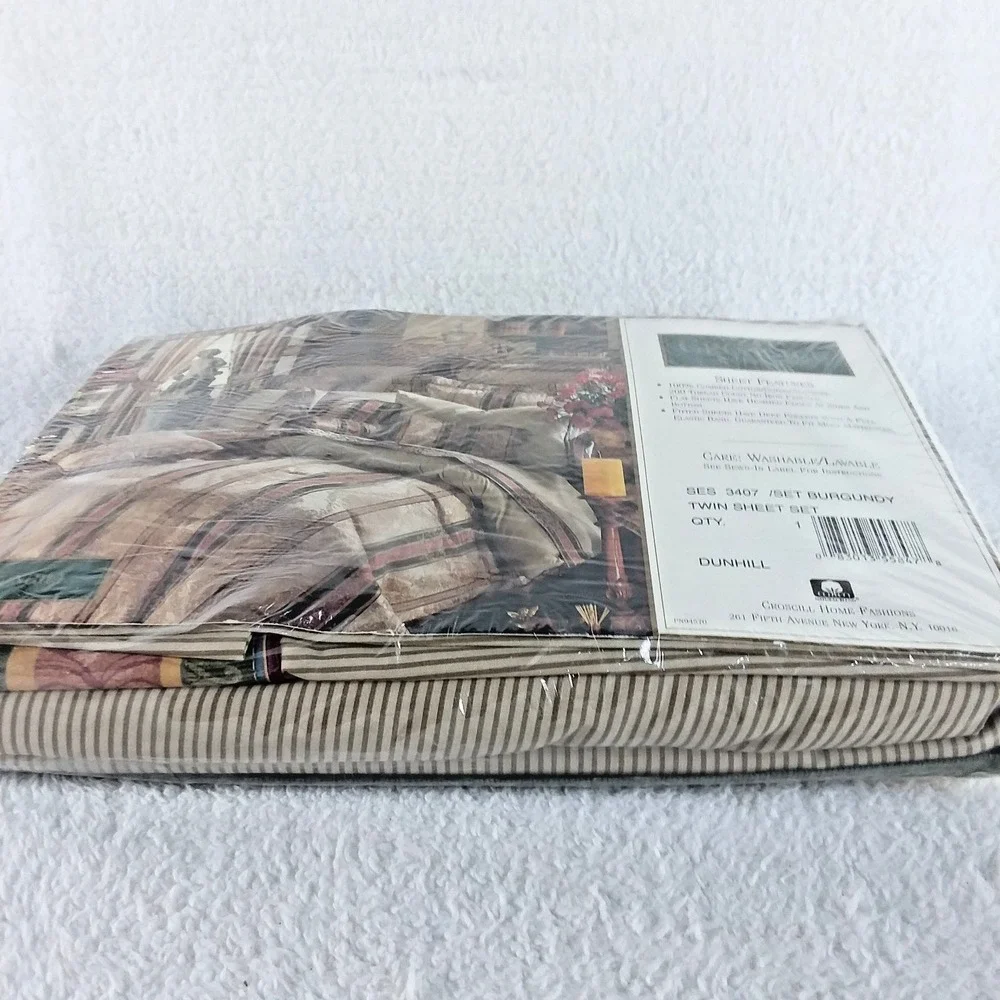 Croscill Dunhill Twin‎ Sheet Set 200 Luxury Percale USA Green Gold Burgundy NOS